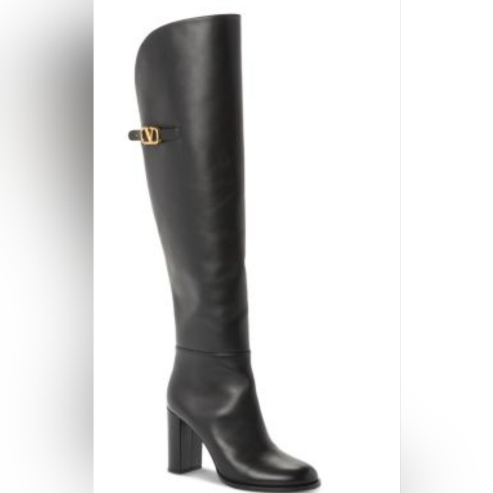 Valentino Garavani Black Over the Knee Boots with Gold Accent